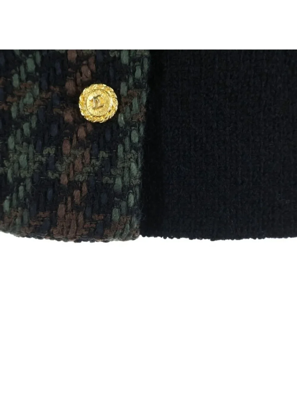 Chanel Coco Button Wool Tweed Set Vintage Tight Skirt 38 Black Green Brown